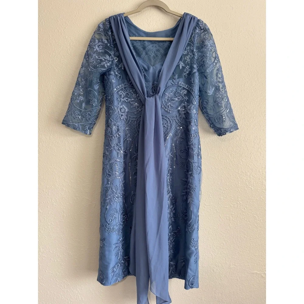 NWT JJ's House Jostelle Slate Blue Sequin Sheath Dress Cowl Neck Back Sash 12